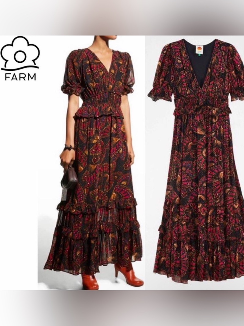 Farm Rio Butterfly Sky Ruffle Tirred Maxi Dress V-Neck with Puff Sleeve